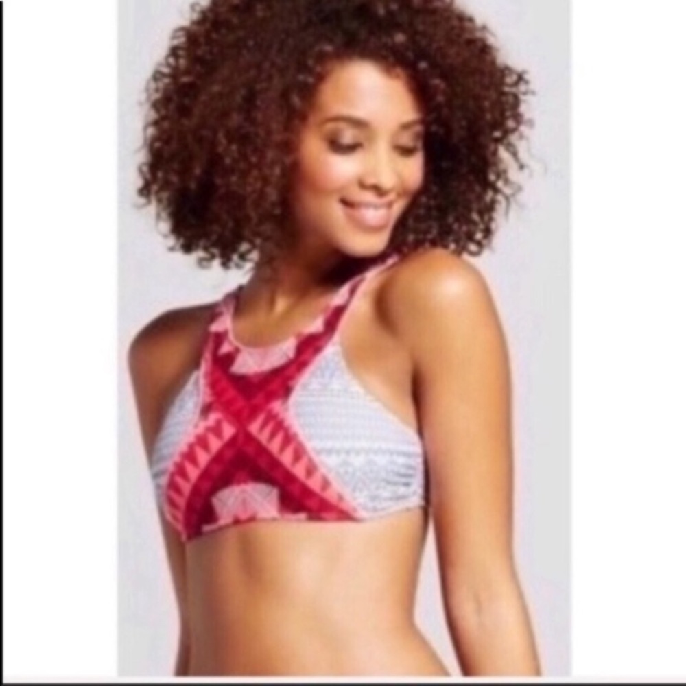 Xhilaration High Neck Halter Bikini Top M Red Tribal Pattern Swim Top Sporty